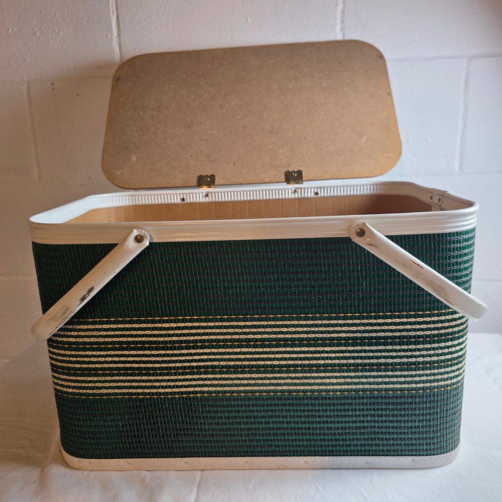 Vintage Redmon Woven Vinyl Picnic Basket Green Striped Retro MCM - Picture 13 of 15
